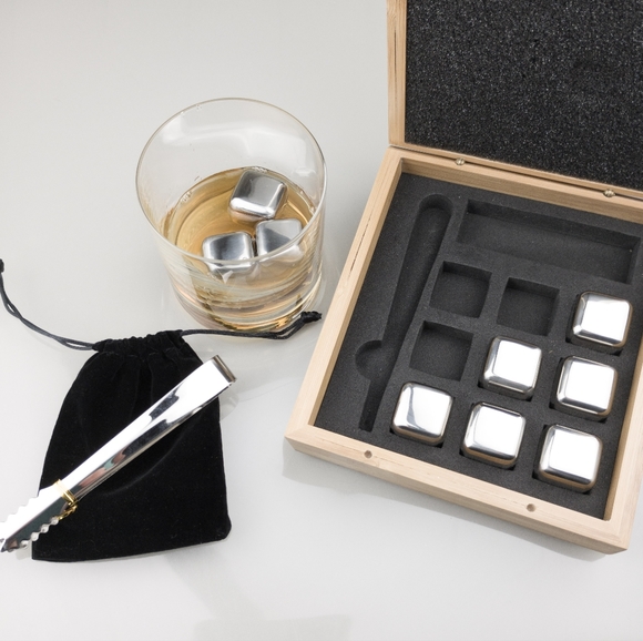 Whiskey Stones Kit Publicus Sapient 9 Steel Cubes Tongs Drawstring Bag & Box - Picture 5 of 5